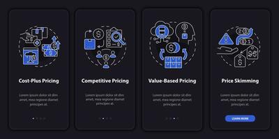 métodos de fijación de precios incorporando la pantalla de la aplicación móvil. tutorial de estrategia competitiva páginas de instrucciones gráficas de 4 pasos con conceptos lineales. interfaz de usuario, ux, plantilla de interfaz gráfica de usuario. innumerables fuentes pro-negrita y regulares utilizadas vector