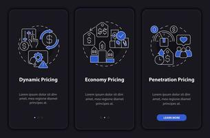 General pricing approaches night mode onboarding mobile app screen. Walkthrough 3 steps graphic instructions pages with linear concepts. UI, UX, GUI template. Myriad Pro-Bold, Regular fonts used vector