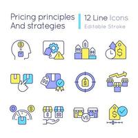 Pricing principles and strategies RGB color icons set. Setting price for product. Isolated vector illustrations. Simple filled line drawings collection. Editable stroke. Quicksand-Light font used