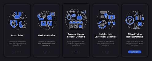 Dynamic pricing benefits night mode onboarding mobile app screen. Walkthrough 5 steps graphic instructions pages with linear concepts. UI, UX, GUI template. Myriad Pro-Bold, Regular fonts used vector