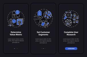 Pricing strategy development night mode onboarding mobile app screen. Walkthrough 3 steps graphic instructions pages with linear concepts. UI, UX, GUI template. Myriad Pro-Bold, Regular fonts used vector