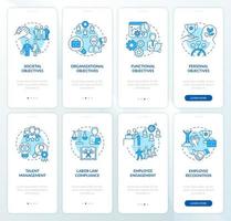 HR and business management blue onboarding mobile app screen set. Walkthrough 4 steps graphic instructions pages with linear concepts. UI, UX, GUI template. Myriad Pro-Bold, Regular fonts used vector