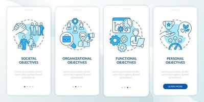 Objectives of hr management blue onboarding mobile app screen. Walkthrough 4 steps graphic instructions pages with linear concepts. UI, UX, GUI template. Myriad Pro-Bold, Regular fonts used vector