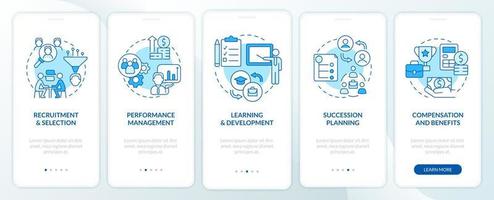 HR management basics blue onboarding mobile app screen. Recruitment walkthrough 5 steps graphic instructions pages with linear concepts. UI, UX, GUI template. Myriad Pro-Bold, Regular fonts used vector