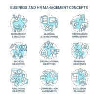 HR and business management turquoise concept icons set. Human resource duties idea thin line color illustrations. Isolated outline drawings. Editable stroke. Roboto-Medium, Myriad Pro-Bold fonts used vector