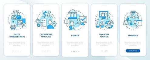 Business management careers blue onboarding mobile app screen. Walkthrough 5 steps graphic instructions pages with linear concepts. UI, UX, GUI template. Myriad Pro-Bold, Regular fonts used vector