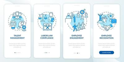 Human resources manager duties blue onboarding mobile app screen. Walkthrough 4 steps graphic instructions pages with linear concepts. UI, UX, GUI template. Myriad Pro-Bold, Regular fonts used vector