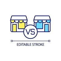 Comparing two retail stores RGB color icon. Retail competition. Achieve competitive advantages. Isolated vector illustration. Simple filled line drawing. Editable stroke. Arial font used