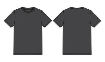 Short Sleeve Basic T shirt Technical Fashion Flat Sketch Vector Illustration Black Color Template Front and Back Views Isolated On white Background.