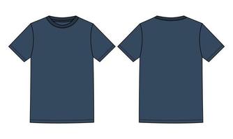 Short Sleeve Basic T shirt Technical Fashion Flat Sketch Vector Illustration Navy Blue Color Template Front and Back Views Isolated On white Background.