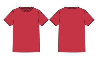 Short Sleeve Basic T shirt Technical Fashion Flat Sketch Vector Illustration Red Color Template Front and Back Views Isolated On white Background.