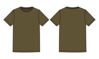 Short Sleeve Basic T shirt Technical Fashion Flat Sketch Vector Illustration Coffee Color Template Front and Back Views Isolated On white Background.