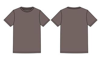 Short Sleeve Basic T shirt Technical Fashion Flat Sketch Vector Illustration Khaki Color Template Front and Back Views Isolated On white Background.