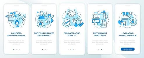 Benefits of transparency blue onboarding mobile app screen. Clarity walkthrough 5 steps graphic instructions pages with linear concepts. UI, UX, GUI template. Myriad Pro-Bold, Regular fonts used vector