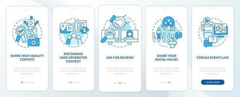 Build trust on social media blue onboarding mobile app screen. Network walkthrough 5 steps graphic instructions pages with linear concepts. UI, UX, GUI template. Myriad Pro-Bold, Regular fonts used vector