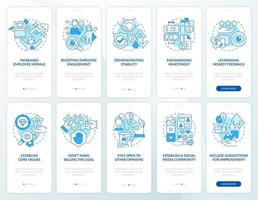 Business transparency blue onboarding mobile app screen set. Openness walkthrough 5 steps graphic instructions pages with linear concepts. UI, UX, GUI template. Myriad Pro-Bold, Regular fonts used vector