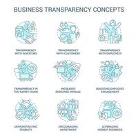 conjunto de iconos de concepto turquesa de transparencia empresarial. Compartiendo información. ilustraciones de color de línea delgada de idea de empresa confiable. dibujos de contorno aislados. roboto-medium, innumerables fuentes pro-bold utilizadas vector