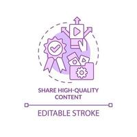 Share high-quality content purple concept icon. Engaging on social media abstract idea thin line illustration. Isolated outline drawing. Editable stroke. Roboto-Medium, Myriad Pro-Bold fonts used vector