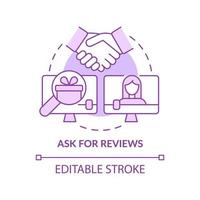 Ask for reviews purple concept icon. Social media marketing transparency abstract idea thin line illustration. Isolated outline drawing. Editable stroke. Roboto-Medium, Myriad Pro-Bold fonts used vector