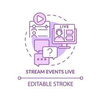 Stream events live purple concept icon. Involve customers abstract idea thin line illustration. Isolated outline drawing. Editable stroke. Roboto-Medium, Myriad Pro-Bold fonts used vector