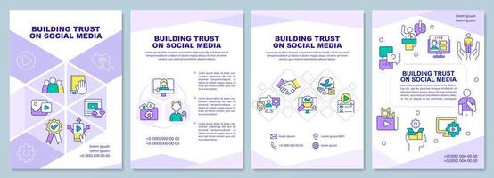 Build trust on social media purple brochure template. Booklet print design with linear icons. Vector layouts for presentation, annual reports, ads. Arial-Black, Myriad Pro-Regular fonts used