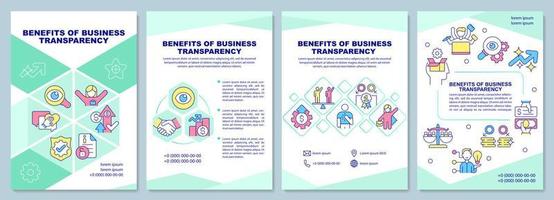 Benefits of business transparency green brochure template. Booklet print design with linear icons. Vector layouts for presentation, annual reports, ads. Arial-Black, Myriad Pro-Regular fonts used