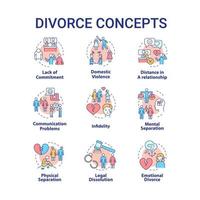 conjunto de iconos de concepto de divorcio. razones de la ruptura del matrimonio. ideas de separación de socios ilustraciones en color de línea delgada. dibujos de contorno aislados. roboto-medium, innumerables fuentes pro-bold utilizadas vector