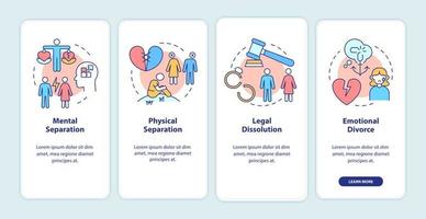 divorcio que sobrevive a la pantalla de la aplicación móvil incorporada. tutorial de ruptura 4 pasos páginas de instrucciones gráficas con conceptos lineales. interfaz de usuario, ux, plantilla de interfaz gráfica de usuario. innumerables fuentes pro-negrita y regulares utilizadas vector