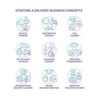 Starting delivery business blue gradient concept icons set. Shipping service idea thin line color illustrations. Isolated outline drawings. Roboto-Medium, Myriad Pro-Bold fonts used vector