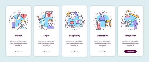 Divorce stages onboarding mobile app screen. Mental states walkthrough 5 steps graphic instructions pages with linear concepts. UI, UX, GUI template. Myriad Pro-Bold, Regular fonts used vector