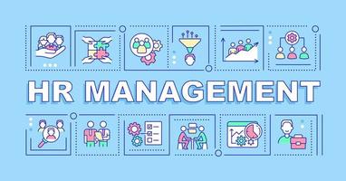 HR management word concepts blue banner. Recruitment process. Infographics with linear icons on background. Isolated typography. Vector color illustration with text. Arial-Black font used