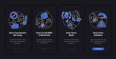 Skincare donts night mode onboarding mobile app screen. Procedures walkthrough 4 steps graphic instructions pages with linear concepts. UI, UX, GUI template. Myriad Pro-Bold, Regular fonts used vector