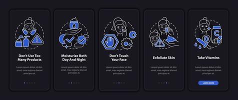 Skincare tips night mode onboarding mobile app screen. Skin healthcare walkthrough 5 steps graphic instructions pages with linear concepts. UI, UX, GUI template. Myriad Pro-Bold, Regular fonts used vector