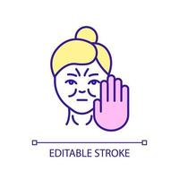Avoid antiaging cosmetic products RGB color icon. Wrinkle treatment. Skincare routine for wellness. Isolated vector illustration. Simple filled line drawing. Editable stroke. Arial font used