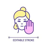 Avoid over moisturizing of skin RGB color icon. Oily skin type tip. Beauty procedure. Skincare routine. Isolated vector illustration. Simple filled line drawing. Editable stroke. Arial font used