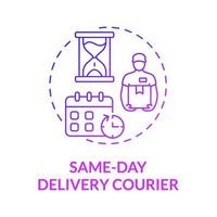 Same day delivery courier purple gradient concept icon. Urgent and fast shipment abstract idea thin line illustration. Isolated outline drawing. Roboto-Medium, Myriad Pro-Bold fonts used vector