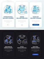 Courier delivery business day and night theme onboarding mobile app screen. Freight walkthrough 3 steps graphic pages with linear concepts. UI, UX, GUI template. Myriad Pro-Bold, Regular fonts used vector