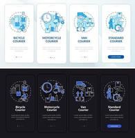 Courier business day and night theme onboarding mobile app screen. Delivery service walkthrough 4 steps graphic pages with linear concepts. UI, UX, GUI template. Myriad Pro-Bold, Regular fonts used vector