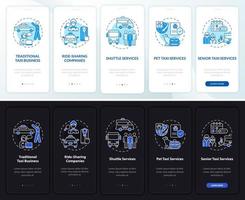 Taxi business types day and night theme onboarding mobile app screen. Shipping walkthrough 5 steps graphic instructions pages with concepts. UI, UX, GUI template. Myriad Pro-Bold, Regular fonts used vector