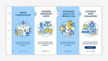 Smart farming advantages blue and white onboarding template. Water conservation. Responsive mobile website with linear concept icons. Web page walkthrough 4 step screens. Lato-Bold, Regular fonts used vector