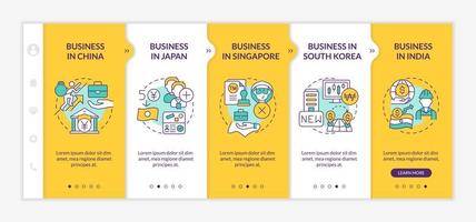 Asian countries for business running yellow and orange onboarding template. Responsive mobile website with linear concept icons. Web page walkthrough 5 step screens. Lato-Bold, Regular fonts used vector