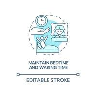 Maintain bedtime and waking time turquoise concept icon. Wellness lifestyle abstract idea thin line illustration. Isolated outline drawing. Editable stroke. Roboto-Medium, Myriad Pro-Bold fonts used vector