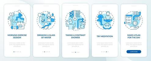 Daily routine blue onboarding mobile app screen. Selfcare walkthrough 5 steps graphic instructions pages with linear concepts. UI, UX, GUI template. Myriad Pro-Bold, Regular fonts used vector