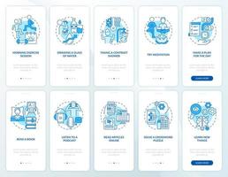 Morning routine blue onboarding mobile app screen set. Day starting walkthrough 5 steps graphic instructions pages with linear concepts. UI, UX, GUI template. Myriad Pro-Bold, Regular fonts used vector