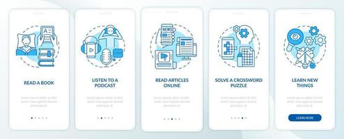 pantalla de aplicación móvil de incorporación de ideas de rutina matutina azul. tutorial de inicio del día 5 pasos páginas de instrucciones gráficas con conceptos lineales. interfaz de usuario, ux, plantilla de interfaz gráfica de usuario. innumerables fuentes pro-negrita y regulares utilizadas vector