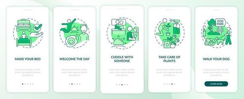 Everyday routine tips green onboarding mobile app screen. Starting day walkthrough 5 steps graphic instructions pages with linear concepts. UI, UX, GUI template. Myriad Pro-Bold, Regular fonts used vector