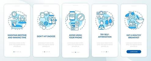 Building morning routine blue onboarding mobile app screen. Tips walkthrough 5 steps graphic instructions pages with linear concepts. UI, UX, GUI template. Myriad Pro-Bold, Regular fonts used vector