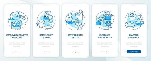 Waking up early benefits blue onboarding mobile app screen. Life power walkthrough 5 steps graphic instructions pages with linear concepts. UI, UX, GUI template. Myriad Pro-Bold, Regular fonts used vector