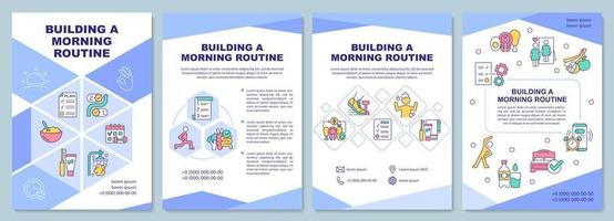 Building morning routine purple brochure template. Day start. Booklet print design with linear icons. Vector layouts for presentation, annual reports, ads. Arial-Black, Myriad Pro-Regular fonts used