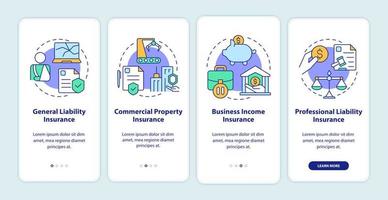 Insurance types onboarding mobile app screen. Coverage walkthrough 4 steps graphic instructions pages with linear concepts. UI, UX, GUI template. Myriad Pro-Bold, Regular fonts used vector